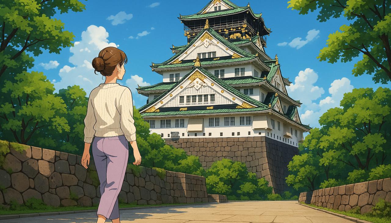 Japanese castle with visitor