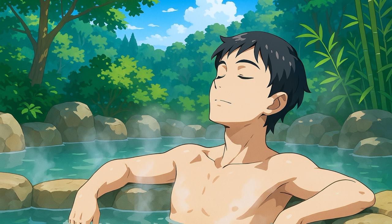 Boy relaxing in an onsen